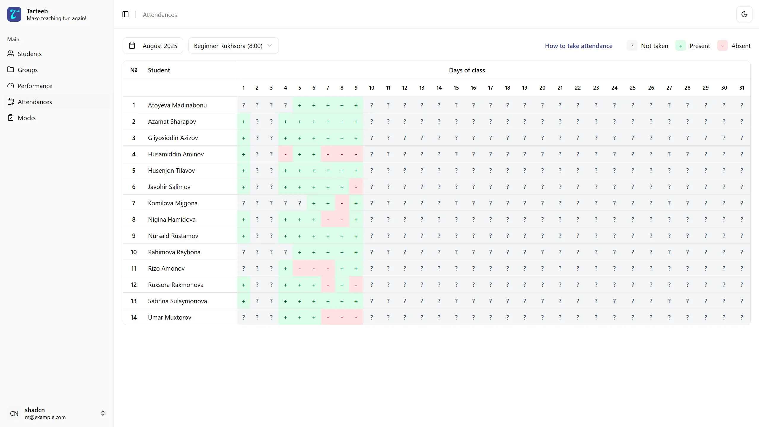 Tarteeb attendance table showing present and absent students by day